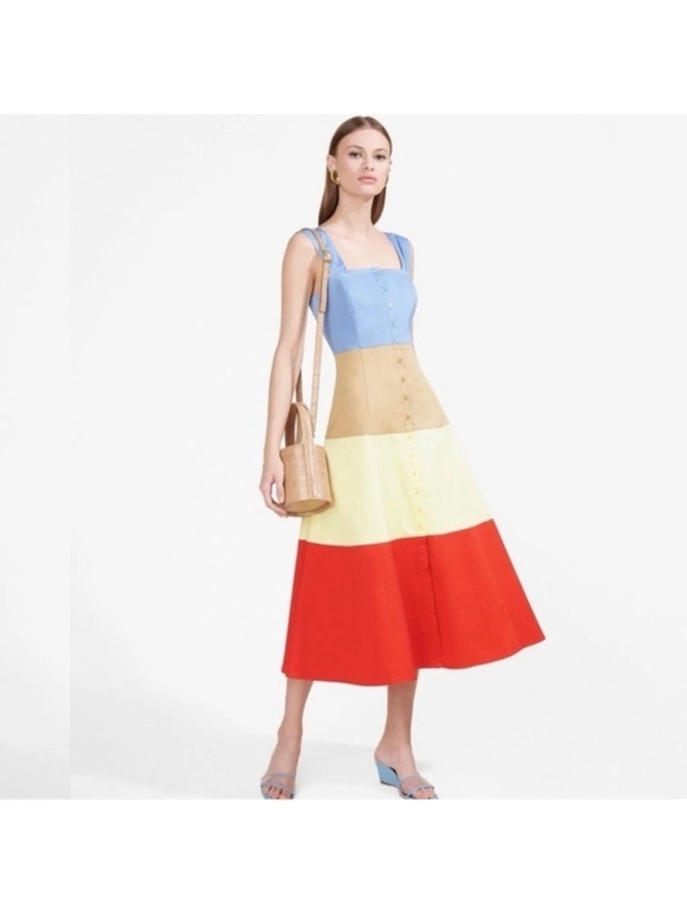 STAUD Multicolor Tiered Midi Dress in Blue, Tan, Cream & Red